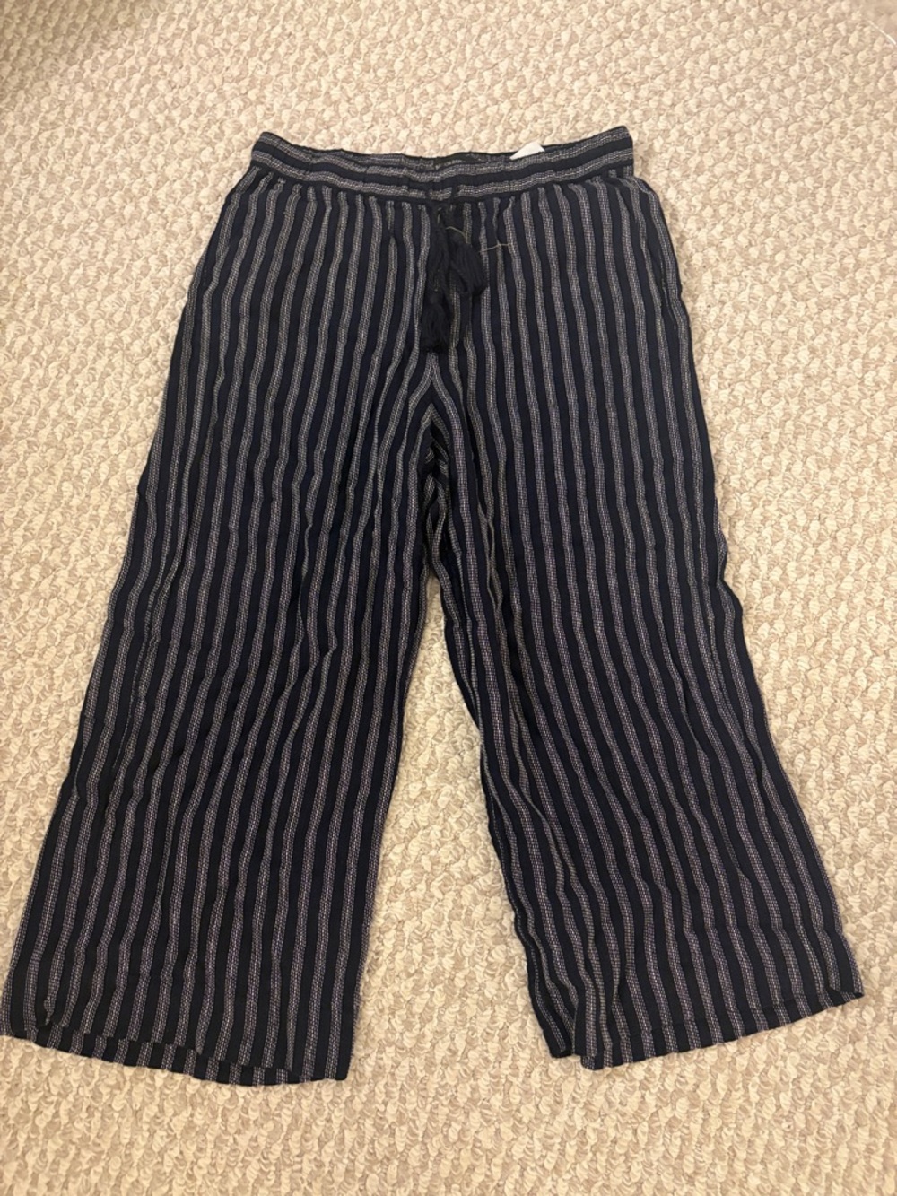 Navy Striped Wide-Leg Crop Linen Pants
